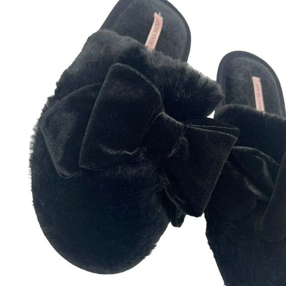 VICTORIAS SECRET PLUSH BOW SLIPPERS BLACK Small - Picture 3 of 9